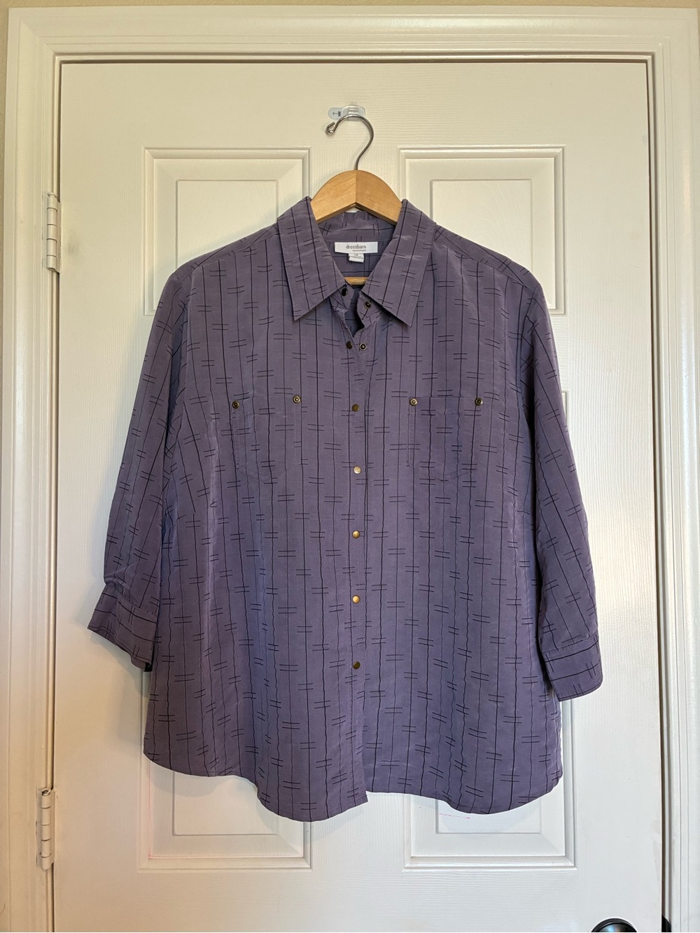 dressbarn Dusty Purple Snap Button-Down Shirt with Subtle Linear Print